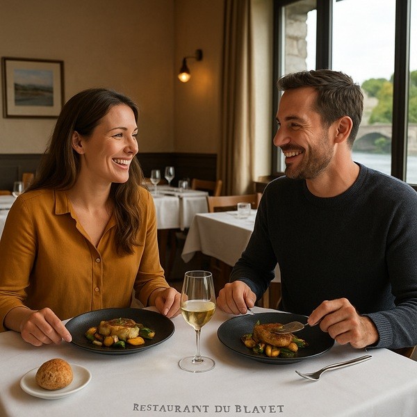 Couple partageant un repas raffiné au Restaurant du Blavet à Hennebont dans une ambiance conviviale et chaleureuse.