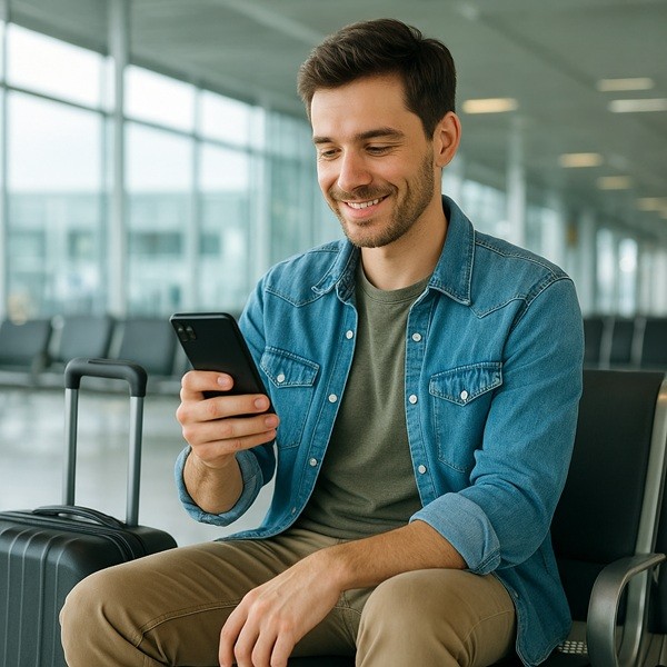 Voyageur consultant les avis d’utilisateurs sur un comparateur de voyages depuis son smartphone dans un aéroport moderne.