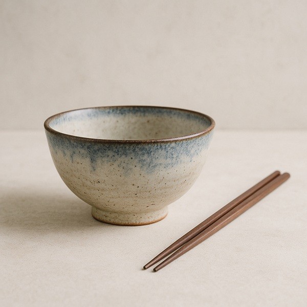 Bol céramique japonais fait main avec baguettes en bois posées à côté, style minimaliste zen sur fond neutre clair.
