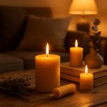 Bougies en cire d’abeille allumées dans un intérieur chaleureux avec lumière dorée et décoration naturelle apaisante.