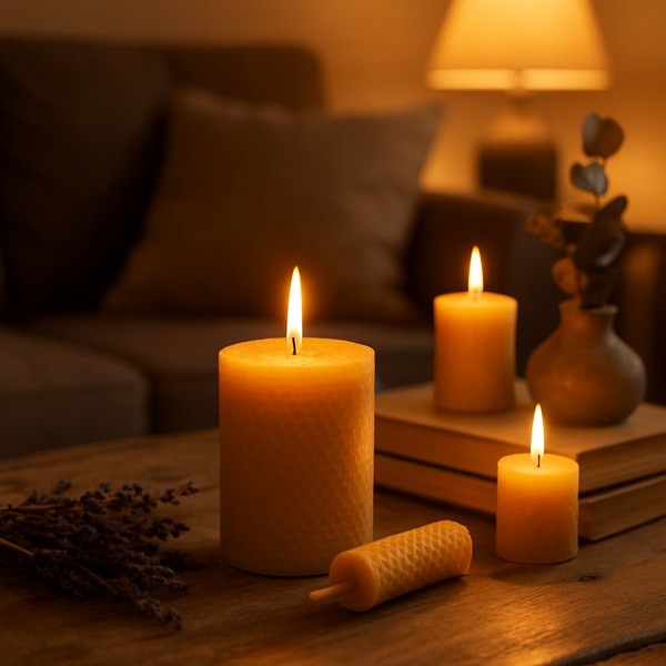 Bougies en cire d’abeille allumées dans un intérieur chaleureux avec lumière dorée et décoration naturelle apaisante.