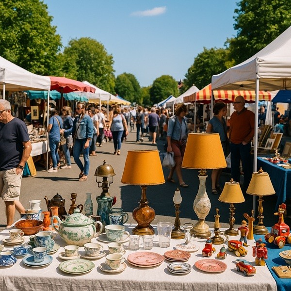 Marché de bric à brac en plein air avec stands colorés d’objets vintage, vaisselle ancienne et chineurs