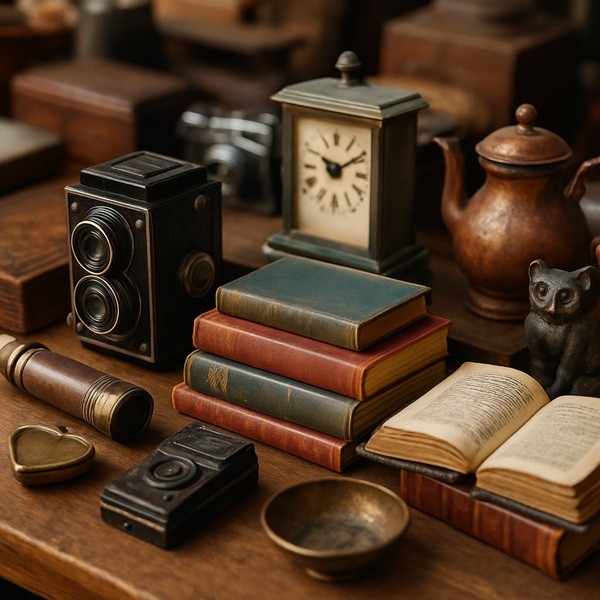 Table de bric à brac avec livres anciens, appareils photo vintage et bibelots rétro en métal