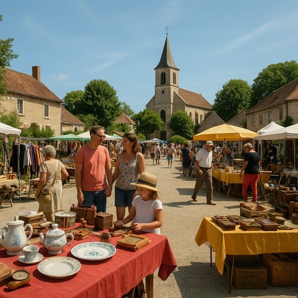 Brocante authentique en campagne française avec stands colorés, habitants et visiteurs découvrant objets anciens et trésors vintage.