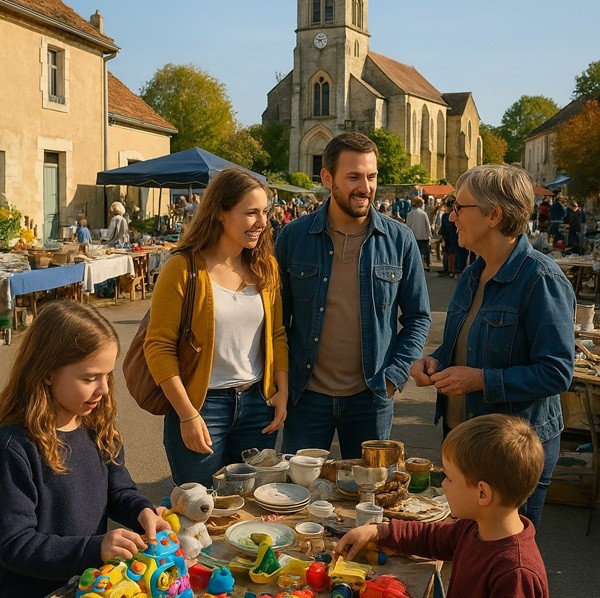 Vide-greniers familial en France avec enfants découvrant des jouets d’occasion et parents discutant sur un marché convivial Brocabrac.