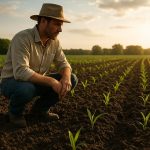 carbon-farming-initiative agriculteur regardant ses fermes et récoltes.