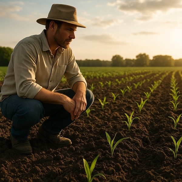 carbon-farming-initiative agriculteur regardant ses fermes et récoltes.