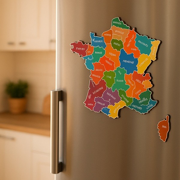 Carte de France Le Gaulois en magnets colorés sur un frigo moderne, collection complète des départements aimantés.
