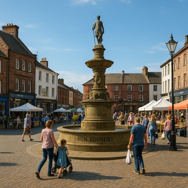 Fontaine Sun Foundry sur Market Square dans le centre-ville de Dumfries avec stands de marché, habitants et ambiance écossaise conviviale.