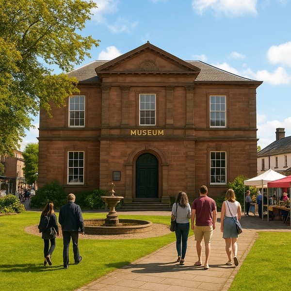 Façade en pierre du Dumfries Museum au centre-ville de Dumfries avec visiteurs, pelouse verdoyante et ambiance culturelle écossaise.