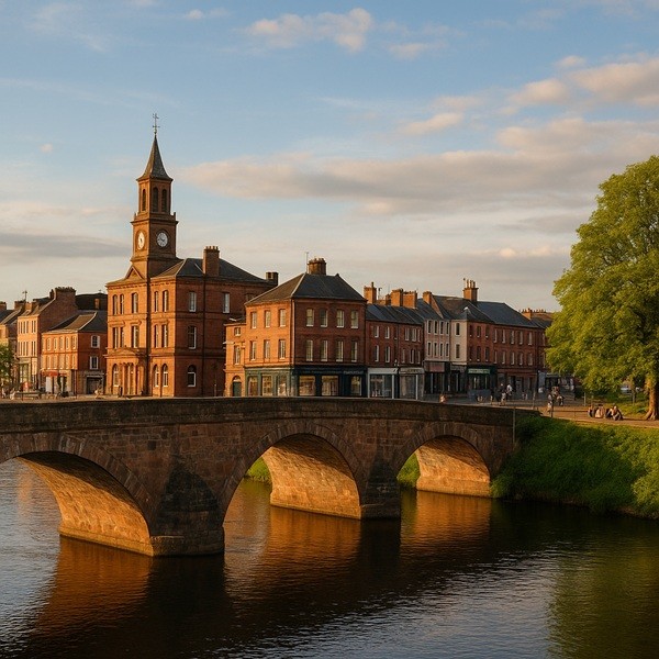 Pont en pierre sur la rivière Nith au centre-ville de Dumfries avec bâtiments historiques écossais et lumière douce de fin d’après-midi.
