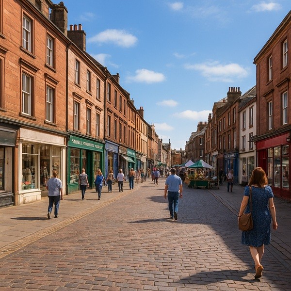 Vue piétonne de la High Street dans le centre-ville de Dumfries avec ses bâtiments historiques, commerces locaux et ambiance écossaise animée.
