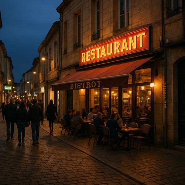 Centre-ville de Saint-Médard-en-Jalles animé en soirée avec un restaurant typique et terrasse conviviale, façade éclairée et passants sur rue pavée.