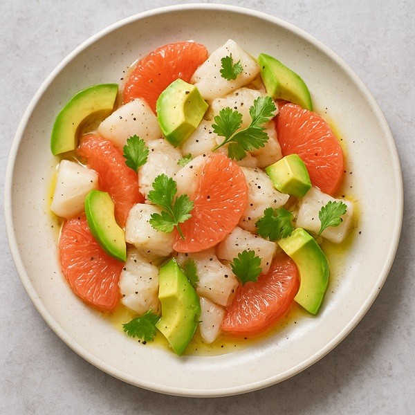 Ceviche de poisson blanc raffiné avec pamplemousse rose, avocat et herbes fraîches, recette gourmande au pink grapefruit.