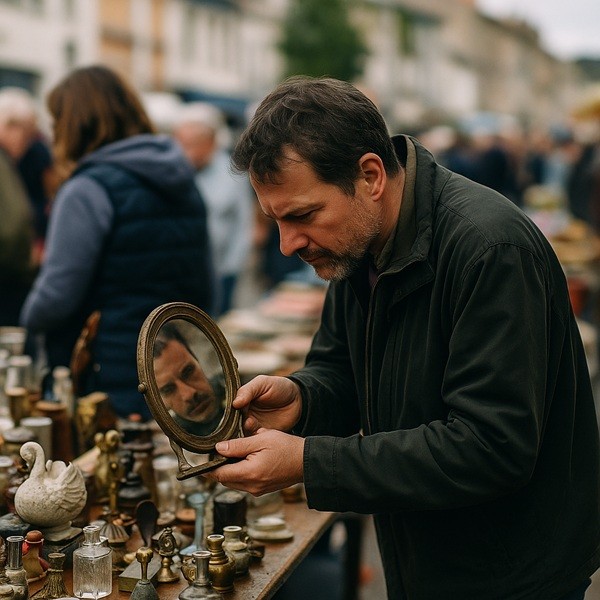 Chineur explorant un stand de brocante lors d’un sabradou, vieux miroir et bibelots anciens sur une braderie conviviale.