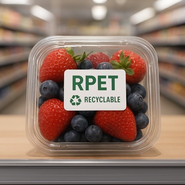 Emballage clamshell transparent en RPET recyclable avec fraises et myrtilles sur un rayon de supermarché.