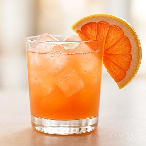 Cocktail rafraîchissant au pink grapefruit avec glaçons et tranche de pamplemousse rose.