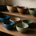 Collection de bols en céramique artisanaux faits main aux émaux naturels beige, bleu et vert, exposés sur une étagère en bois dans un atelier de potier.