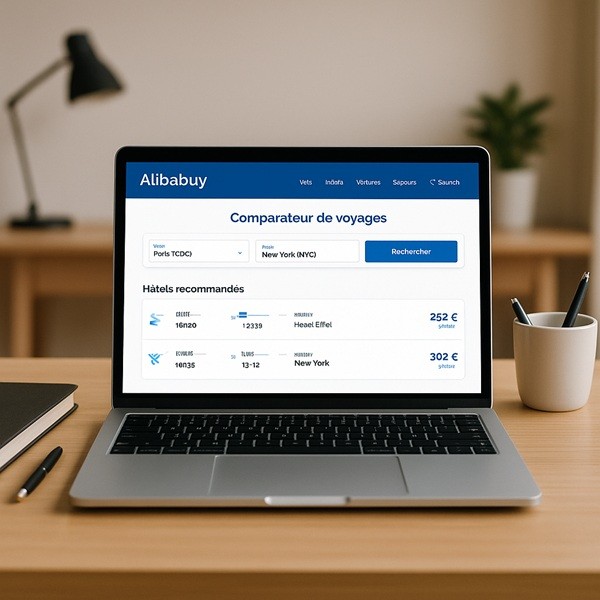 Ordinateur portable affichant le comparateur de voyages Alibabuy pour trouver vols pas chers et hôtels au meilleur prix.
