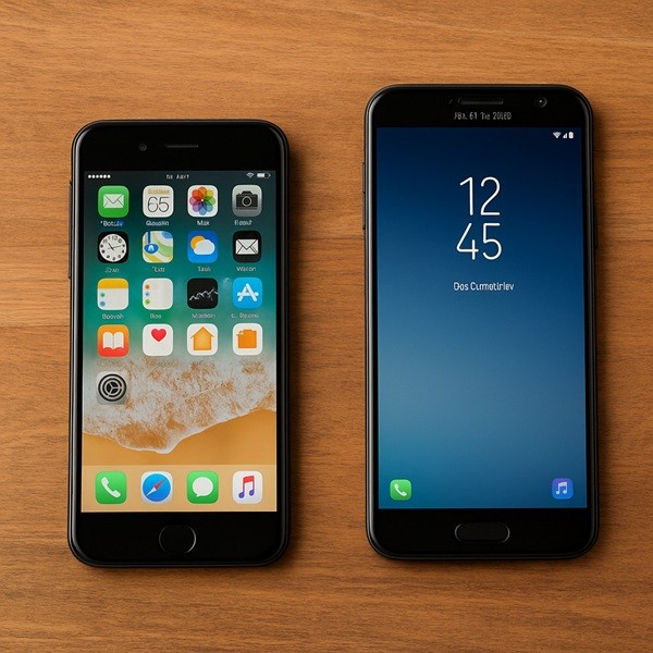 Comparatif visuel entre un iPhone et un Samsung reconditionnés Smaaart posés côte à côte sur une table en bois.