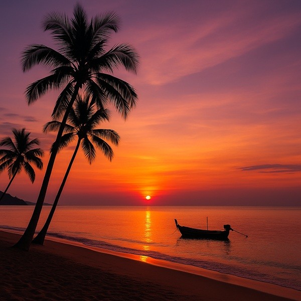 Coucher de soleil sur une plage de Langkawi en Malaisie avec silhouettes de cocotiers, sable chaud et bateau traditionnel reflétés dans une mer calme aux couleurs orangées et violettes.