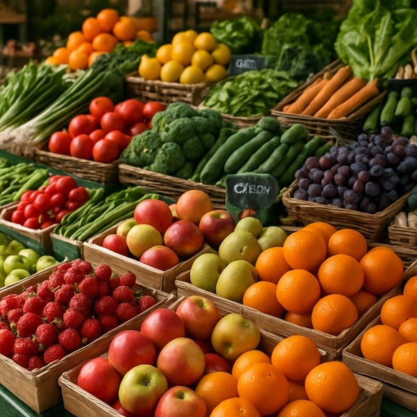 Étal coloré de fruits et légumes frais de saison chez Croissy Fruits primeur, marché frais en Île-de-France.