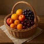 Panier en osier garni de fruits frais exotiques de saison chez Croissy Fruits primeur : abricots, cerises, raisins, oranges et nectarines, posé sur une table rustique.