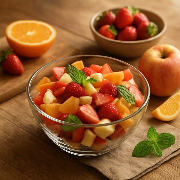 Salade de fruits frais préparée en cuisine familiale avec fraises, pommes, oranges et menthe, proposée par Croissy Fruits primeur.