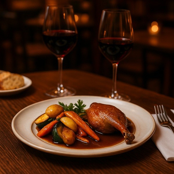 Dîner gastronomique au Restaurant Le Moulin de la Galette à Paris avec confit de canard, légumes de saison et verres de vin rouge.