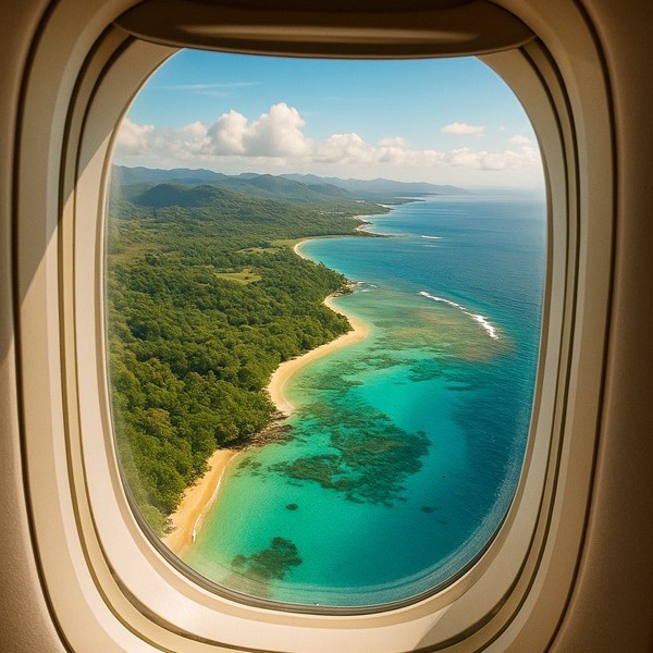 Vue aérienne depuis un hublot montrant la côte exotique de Madagascar après le vol depuis Paris.