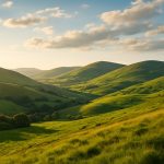 Paysage naturel de Dumfries et Galloway en Écosse avec collines verdoyantes et lumière dorée au coucher du soleil