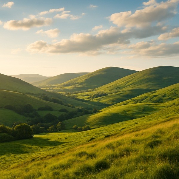 Paysage naturel de Dumfries et Galloway en Écosse avec collines verdoyantes et lumière dorée au coucher du soleil