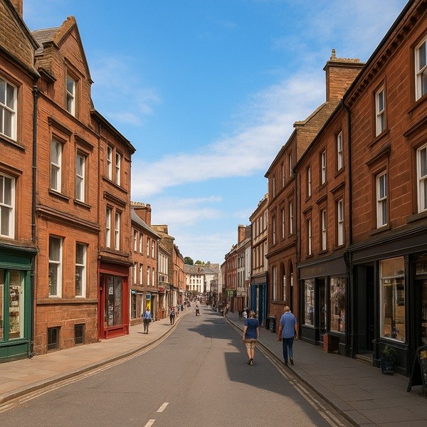 Rue pittoresque de Dumfries en Écosse avec maisons en pierre rouge, commerces locaux et ambiance traditionnelle