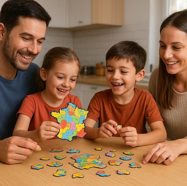 Famille réunie autour d’une table échangeant des aimants Carte de France Le Gaulois, collection ludique et conviviale des départements français.