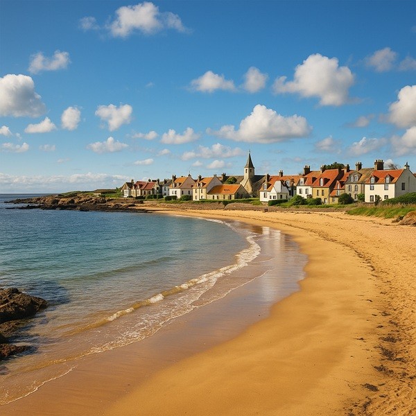 Vue panoramique de la plage pittoresque d’Elie et Earlsferry dans le Fife, côte écossaise avec sable doré, mer calme et maisons traditionnelles.