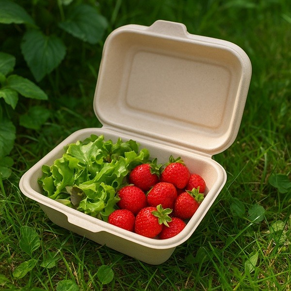 Emballage clamshell compostable en fibres naturelles avec salade et fraises fraîches posé sur l’herbe verte.