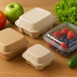 Emballages clamshell écologiques en carton, fibres moulées et plastique recyclé avec fruits et légumes frais.