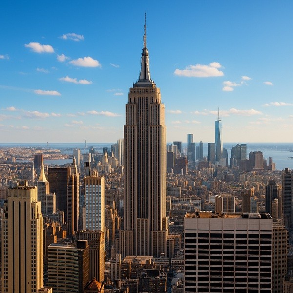 Empire State Building vu depuis le Top of the Rock au Rockefeller Plaza par une journée ensoleillée, avec la skyline de New York en arrière-plan.