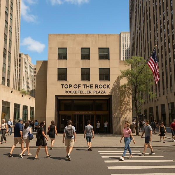 Rockefeller Plaza à New York devant le Top of the Rock, avec ses drapeaux colorés, ses passants et l’architecture emblématique de Manhattan.
