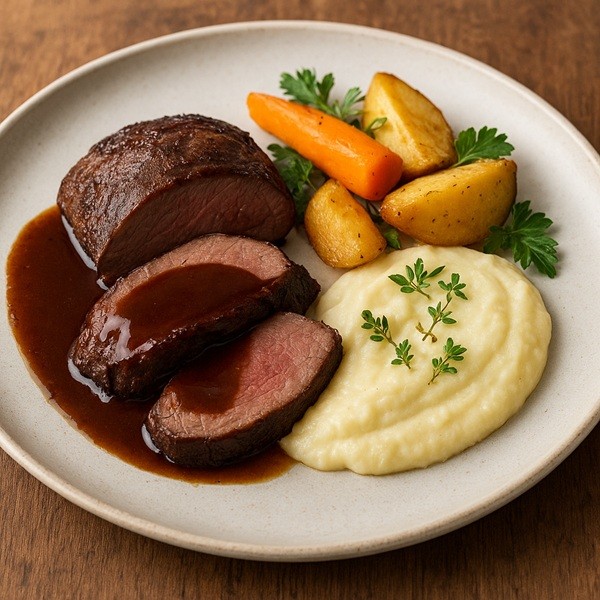 Tranches d’épaule de chevreuil en cuisson lente servies avec sauce brune, purée de céleri, carottes rôties et pommes de terre dorées.