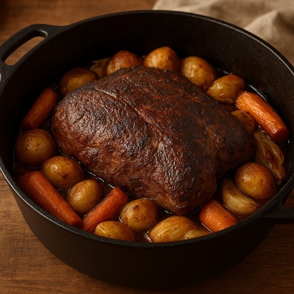 Épaule de chevreuil au four en cuisson lente dans une cocotte en fonte avec pommes de terre, carottes et oignons rôtis.