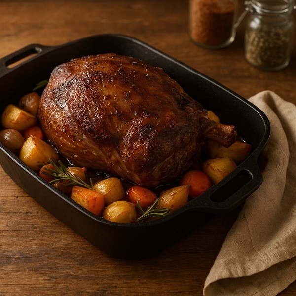 Épaule de chevreuil rôtie en cuisson lente dans un plat en fonte avec pommes de terre, carottes et herbes aromatiques en cuisine rustique.