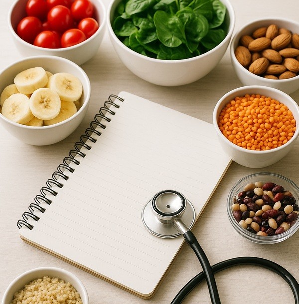 Bureau de nutritionniste Equil’al avec carnet, stéthoscope et bols de fruits, céréales, légumineuses et graines colorées, symbole d’une alimentation équilibrée et d’une bonne santé.