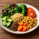 Assiette équilibrée Equil’al avec légumes frais, céréales complètes et légumineuses colorées, symbole d’une alimentation saine et naturelle.