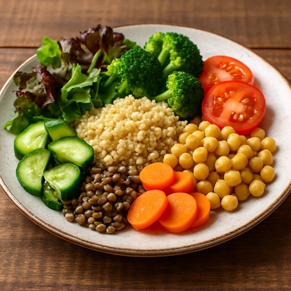 Assiette équilibrée Equil’al avec légumes frais, céréales complètes et légumineuses colorées, symbole d’une alimentation saine et naturelle.