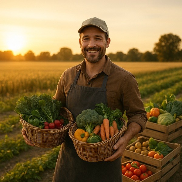 Producteur local Equil’al souriant dans une ferme française au lever du soleil, présentant des paniers de légumes frais et produits du terroir pour une alimentation équilibrée et authentique.