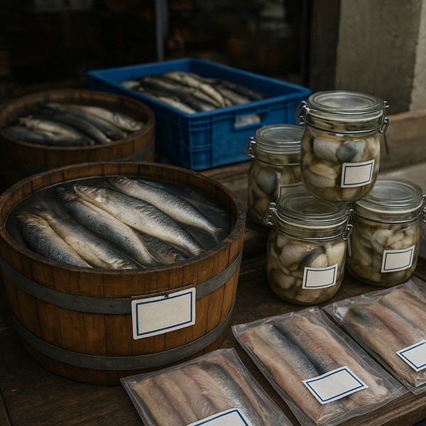 Étal de poissonnerie traditionnelle en France avec baril de harengs salés en saumure, bocaux de rollmops aux oignons et filets de matjes sous vide.