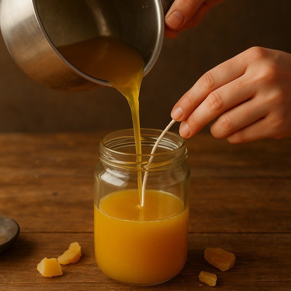 Fabrication artisanale d’une bougie en cire d’abeille avec coulage de la cire fondue dans un pot en verre et mèche en coton.