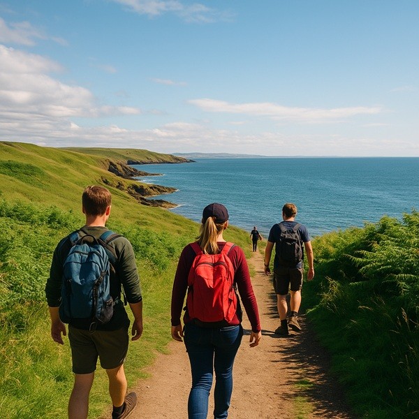 Randonneurs sur le Fife Coastal Path près d’Elie et Earlsferry, sentier côtier écossais avec falaises verdoyantes et vue sur la mer.