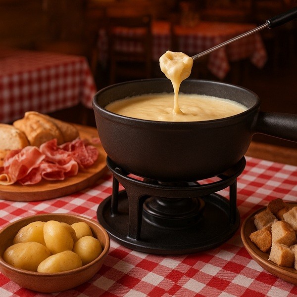 Fondue savoyarde traditionnelle servie au restaurant Chez Mamie Lise à Annecy, accompagnée de pain, pommes de terre et charcuterie locale.
